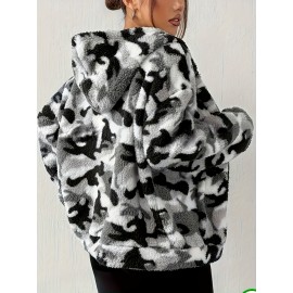 Women'S Cozy Faux Fur Plush Hooded Jacket - Autumn Winter Warm Coat with Zipper Pockets, Elegant Long Sleeve Outerwear for Fall/Winter, Cozy Fall Wear | Hooded Coat | Zippered Jacket