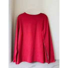Women's Casual Long Sleeve T-Shirt with Fox & Maple Leaf Geometric Print - Vibrant Orange & Red on Grey, Round Neck, Machine Washable, Spring/Summer Vacation & Casual Attire, Versatile Streetwear, Spring Summer Apparel, Comfortable Fabric