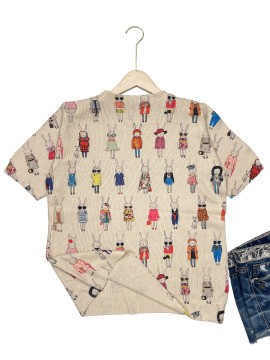 [All-Over Print] [Thin] [Sweater] All-Over Print Rabbit Woman Pattern Thin, Casual Crew Neck Short Sleeve Sweater, Women's Clothing Mother's Day Gift