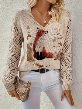 [Elegant Bohemian Top] Bohemian Elegant V-Neck Long Sleeve Top for Women | Animal Print, All-Season Versatile Pullover Sweater - Ideal for Office, Streetwear, Home, and Travel