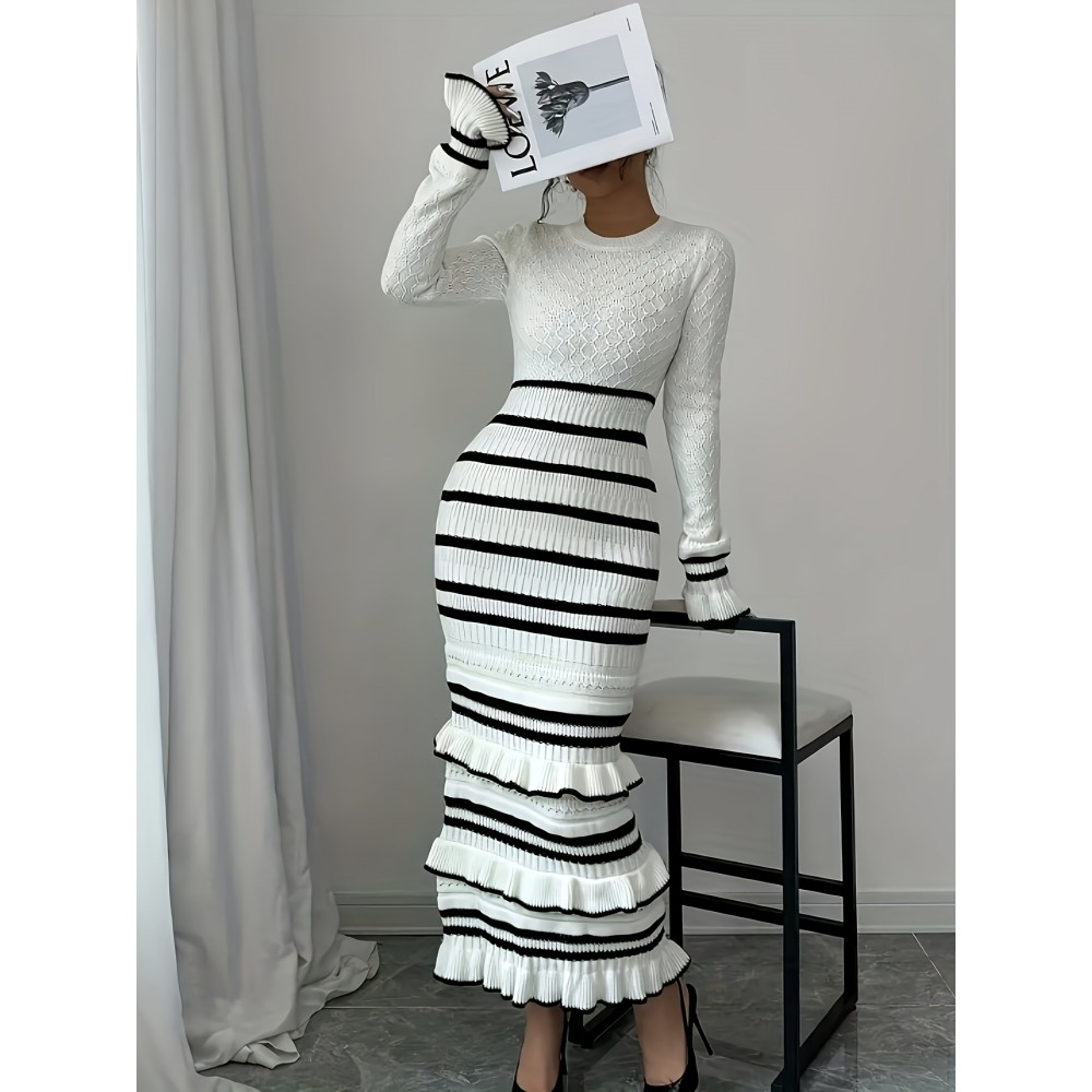 Women's Elegant Striped Dress - Slim Fit Waist-Cinching Bodycon with Ruffled Hem, Black & White Horizontal Stripes, Round Neck Long Sleeve Fall Winter Fashion, Dress