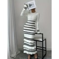 Women's Elegant Striped Dress - Slim Fit Waist-Cinching Bodycon with Ruffled Hem, Black & White Horizontal Stripes, Round Neck Long Sleeve Fall Winter Fashion, Dress