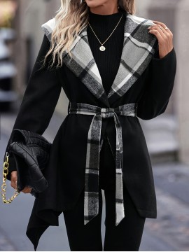Women'S Elegant Mid-Length Winter Coat with High Neck and Plaid Patchwork Design - Warm, Lightweight, and Stylish for Office or Holiday Season, Warm Weather Jacket | Plaid Pattern Coat | Structured Coat