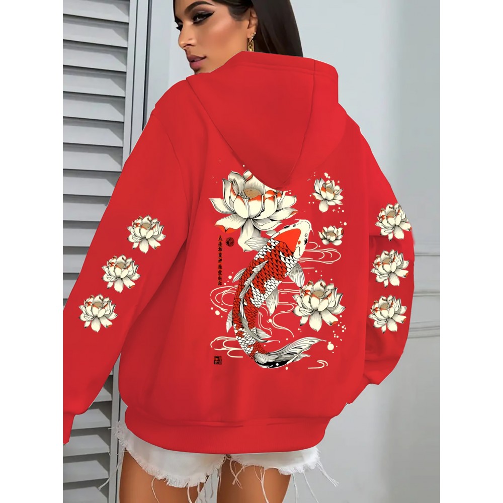 Women's Koi Fish & for Lotus Zip-Up Hoodie Jacket - Dark Green/Red Accents, Front Pockets, Machine Washable Zippered Hooded Sweatshirt for Fall/Winter Casual & Formal Outfits, Winter Wear, Artistic Design, Soft Material, Trend Followers