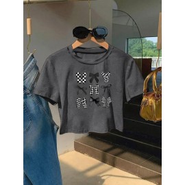 Women'S Slim Fit Bow Print Crop Top T-Shirt - Short Sleeve Crew Neck Casual Tee, Lightweight & Breathable for Spring/Summer Outfits, Machine Washable, Everyday Fashion, Everyday Tshirt | Bow Print Shirt | Glossy Texture